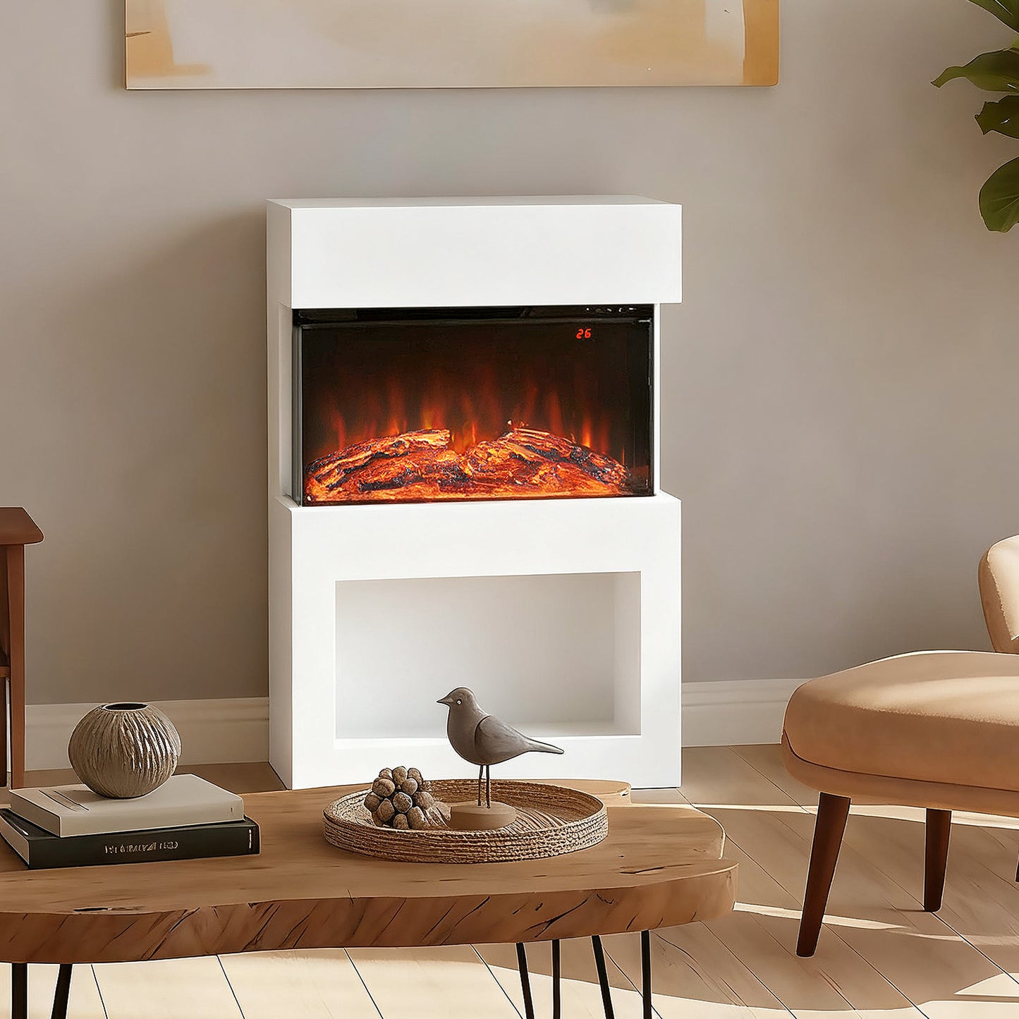19" Electric Fireplace with Surround, 3D Flame Effect, 6 Colours & 3 Brightness Levels