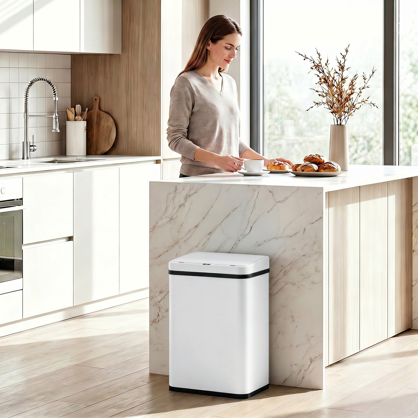 40L Sensor Bin with Soft-Close Lid, Stainless Steel Automatic Touchless Motion Sensor Kitchen Bin, White