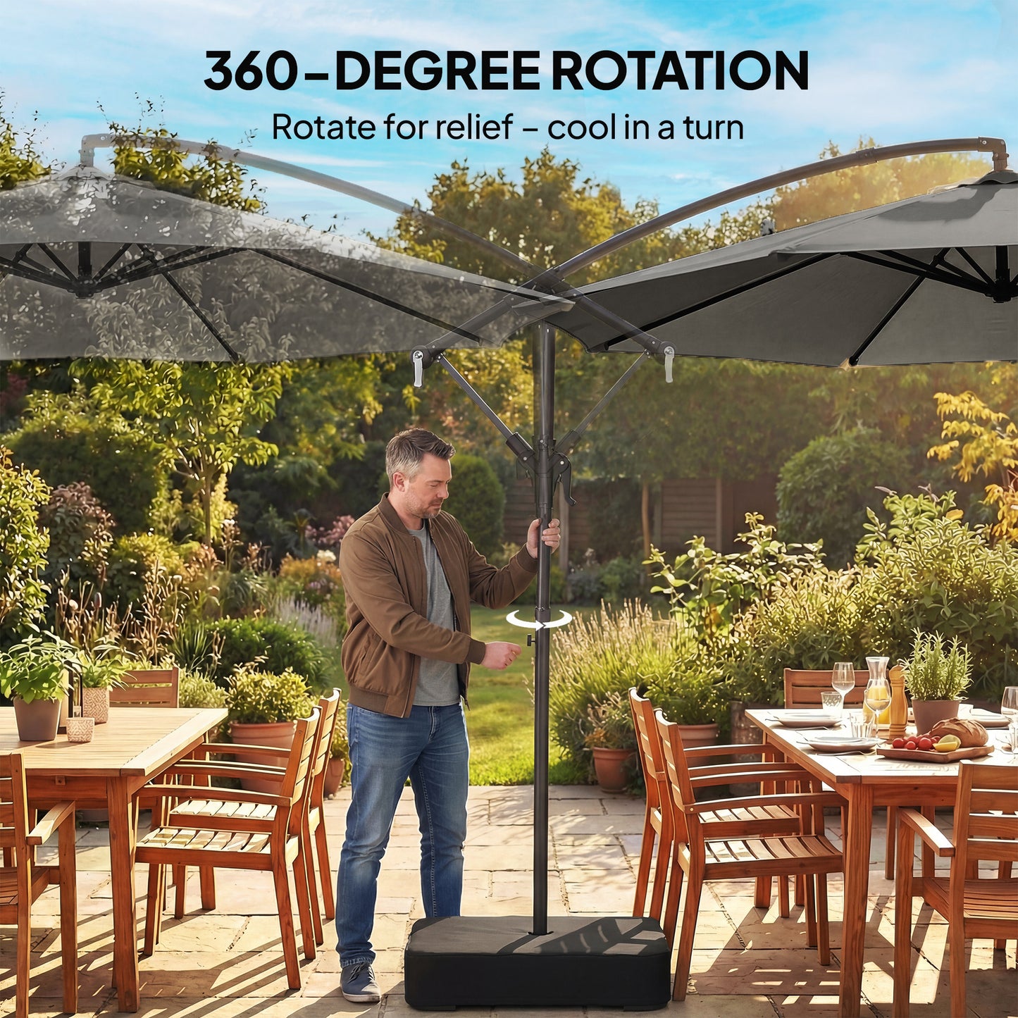 3 m Garden Cantilever Parasol with Cross Base, Sandbag, 360° Rotating Overhanging Banana Umbrella, Grey