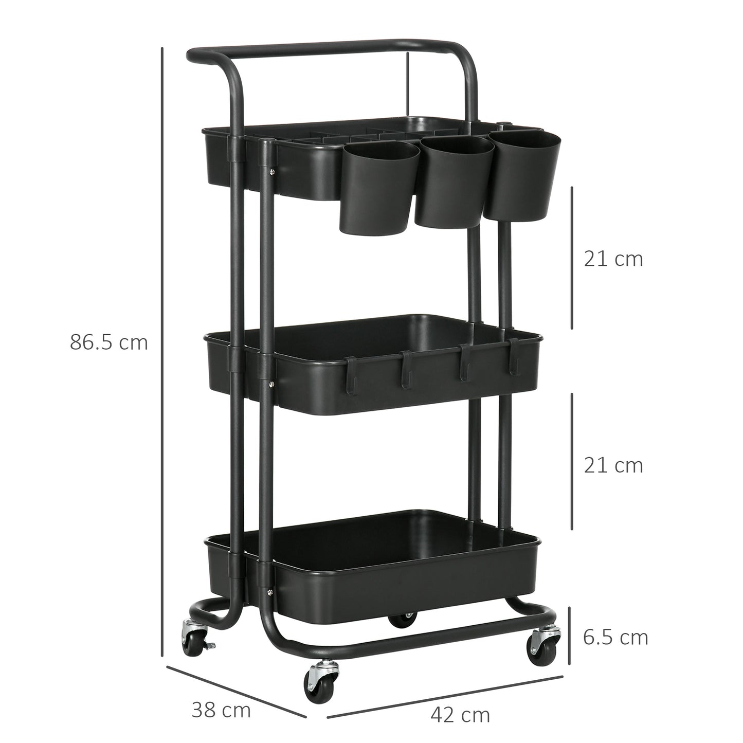 Three-Tier Home Trolley, with Handle and Wheels - Black