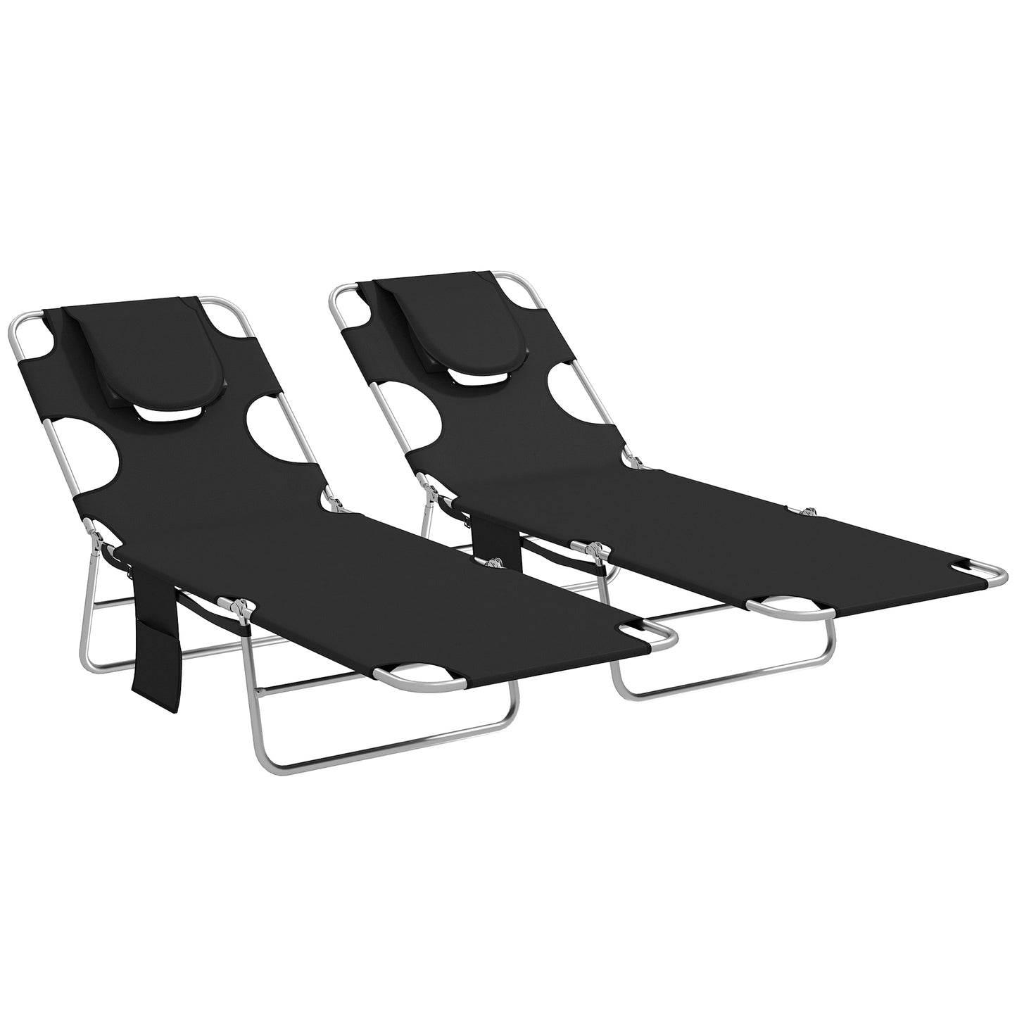 5-Position Adjustable Sun Loungers Set of 2 with Reading Hole and Side Pocket, Black