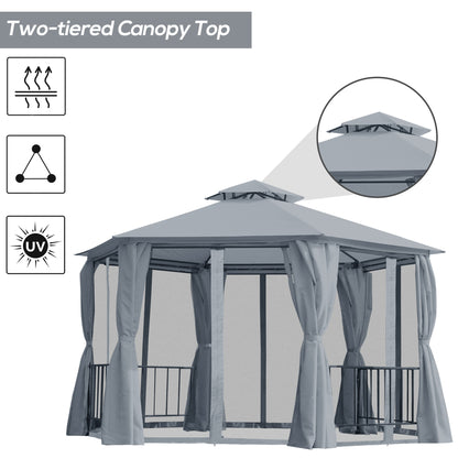 3 x 3(m) Hexagon Gazebo Patio Canopy Party Tent Outdoor Garden Shelter w/ 2 Tier Roof & Side Panel - Grey