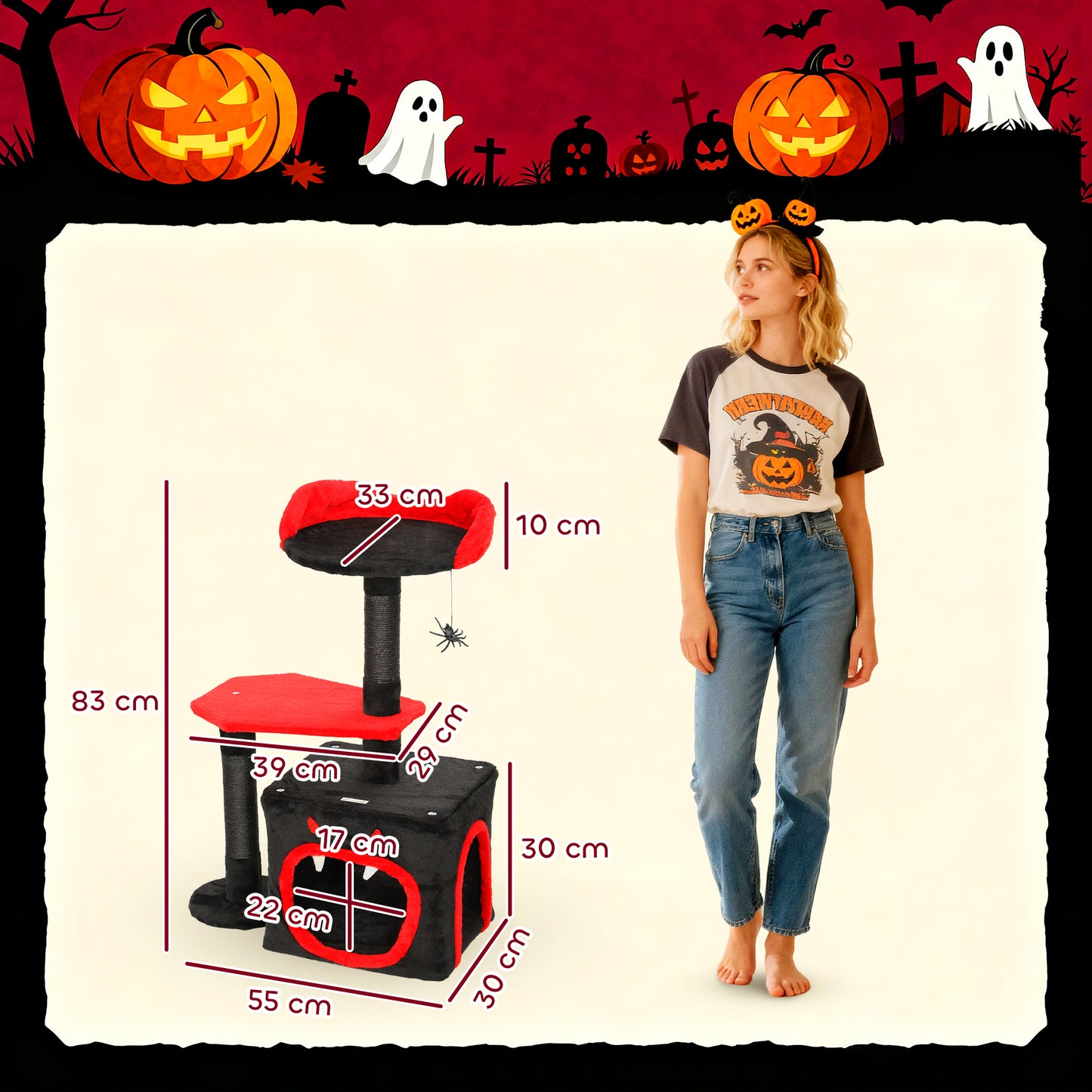 Cat Tree, Gothic Cat Tower with Scratching Posts, Cute Condo, Coffin Platform, Bed and Spider Toy, Halloween