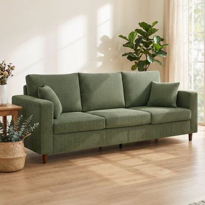 3 Seater Sofa with Wide Seat, Corduroy Fabric Couch with Deep Seat, Spring Cushion, Green