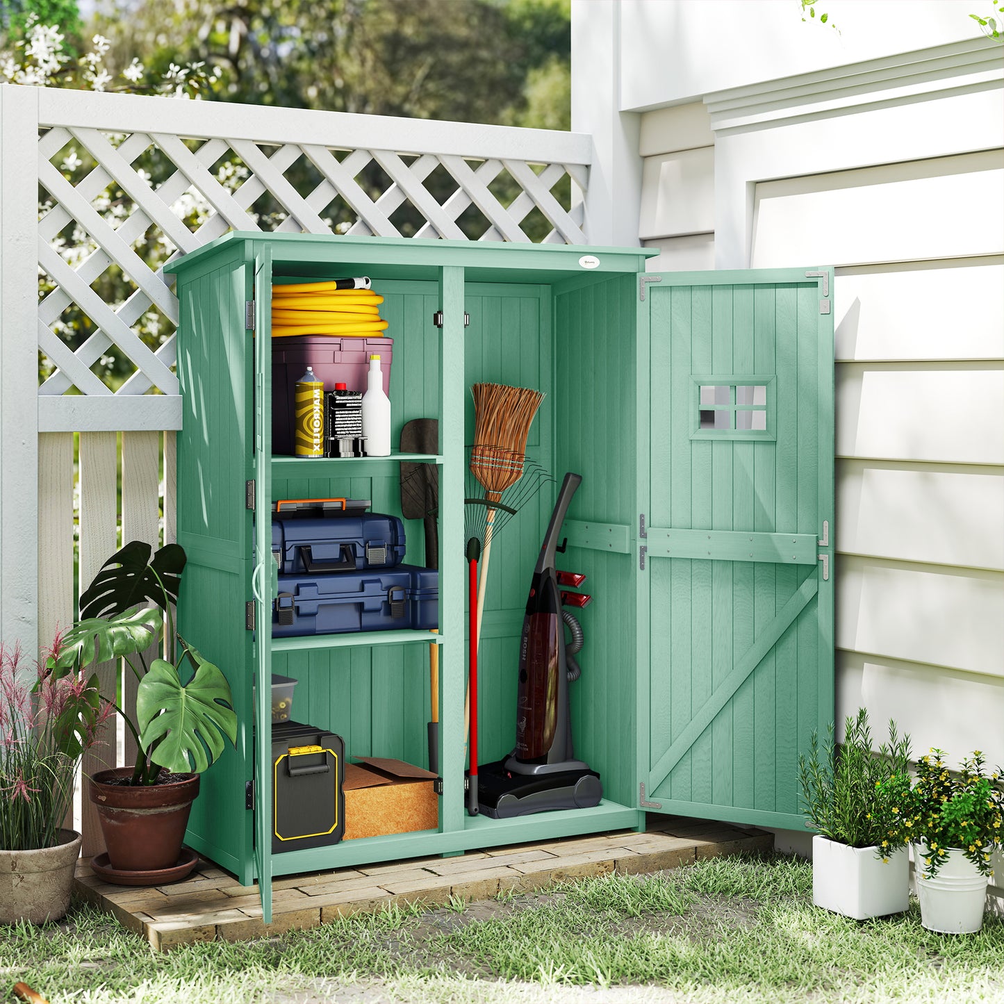 Wooden Garden Shed with Two Windows, Tool Storage Cabinet, Outdoor Double Door organiser 127.5L x 50W x 164H cm, Green
