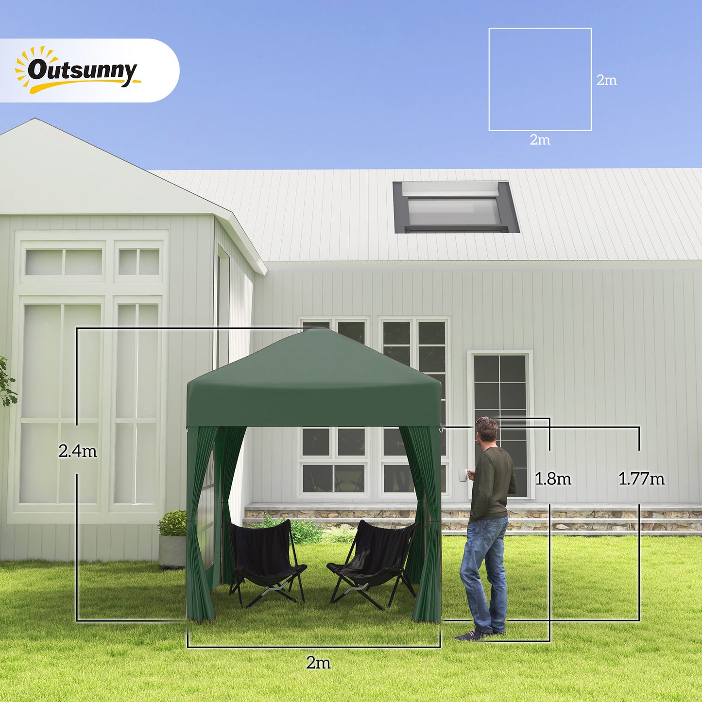 2 x 2 m Garden Pop Up Gazebo, Wedding Party Tent Marquee, Water Resistant Awning Canopy with Sidewalls, Windows, Carry Bag