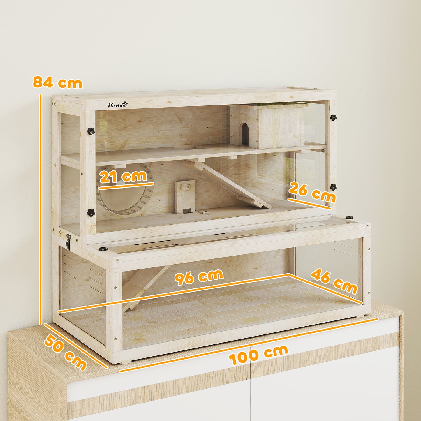 Wooden Hamster Cage with Hut, Wheel, Ramps, Removable Viewing Panels, 100 x 50 x 84 cm, Natural Wood