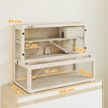 Wooden Hamster Cage with Hut, Wheel, Ramps, Removable Viewing Panels, 100 x 50 x 84 cm, Natural Wood