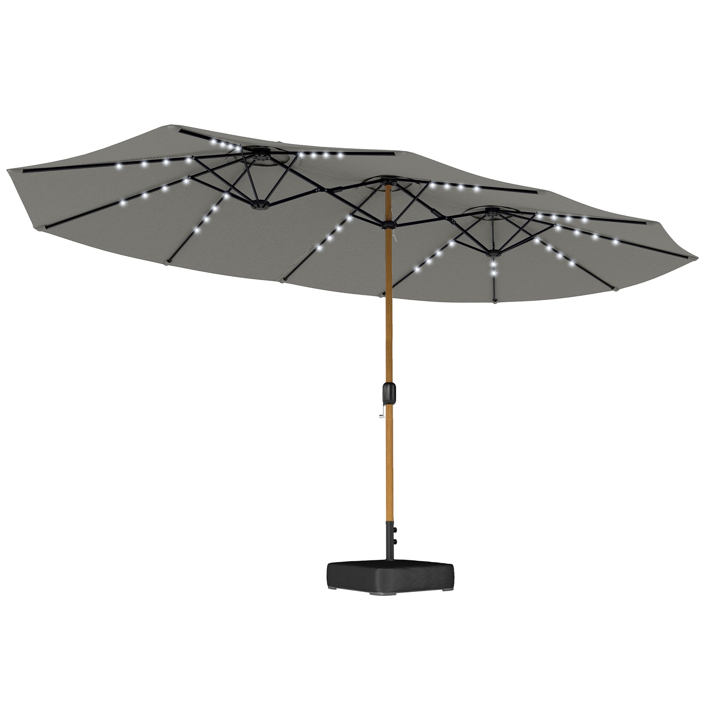 Double Sided Garden Parasol with Base Included & 48 Solar LED Lights Patio Umbrella Crank Handle 4.6m Light Grey