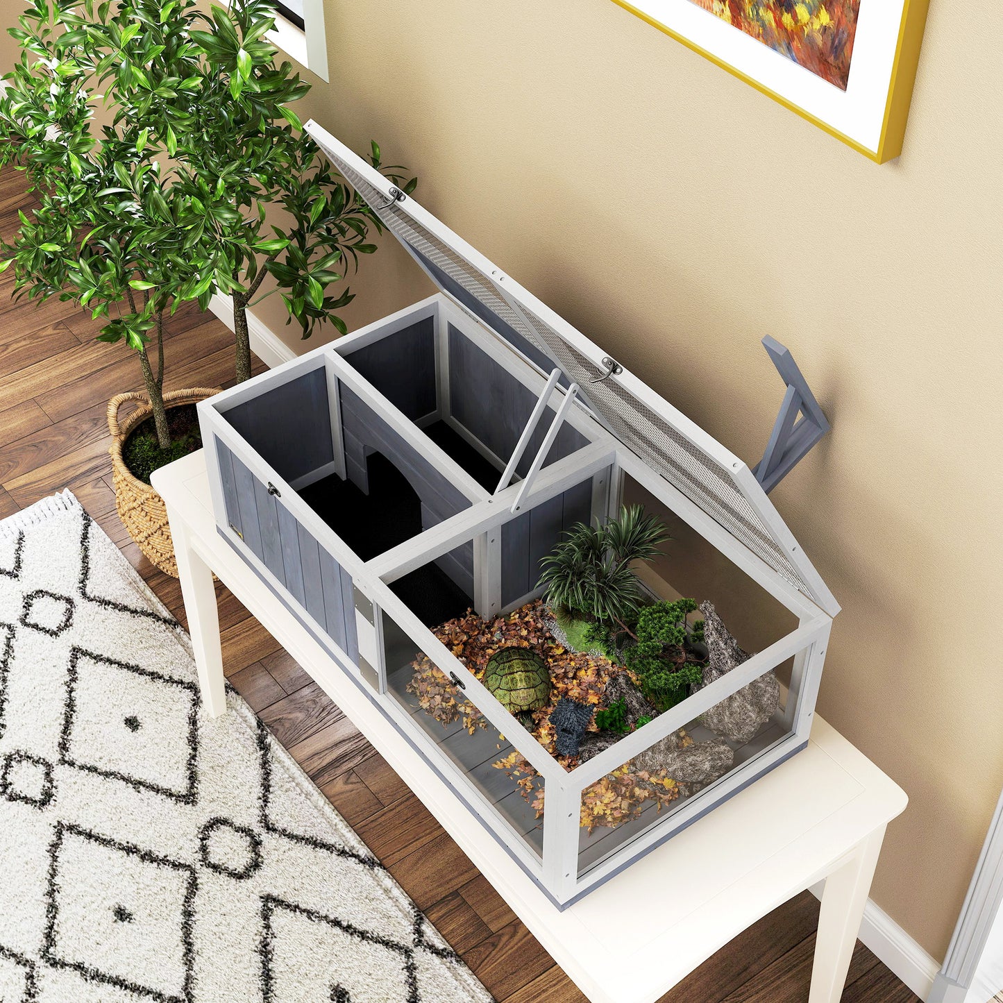 Wooden Tortoise House with Lamp Holder, Clear Windows, Openable Tops, Built-In Tray, Light Grey