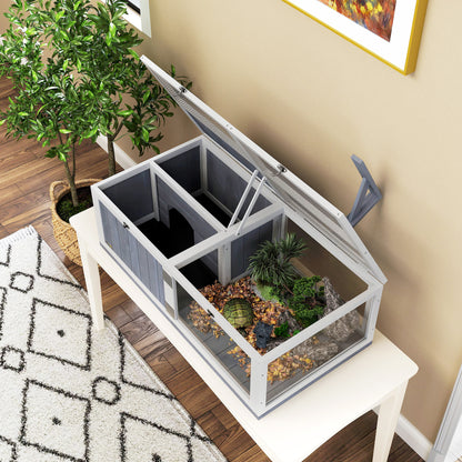 Wooden Tortoise House with Lamp Holder, Clear Windows, Openable Tops, Built-In Tray, Light Grey