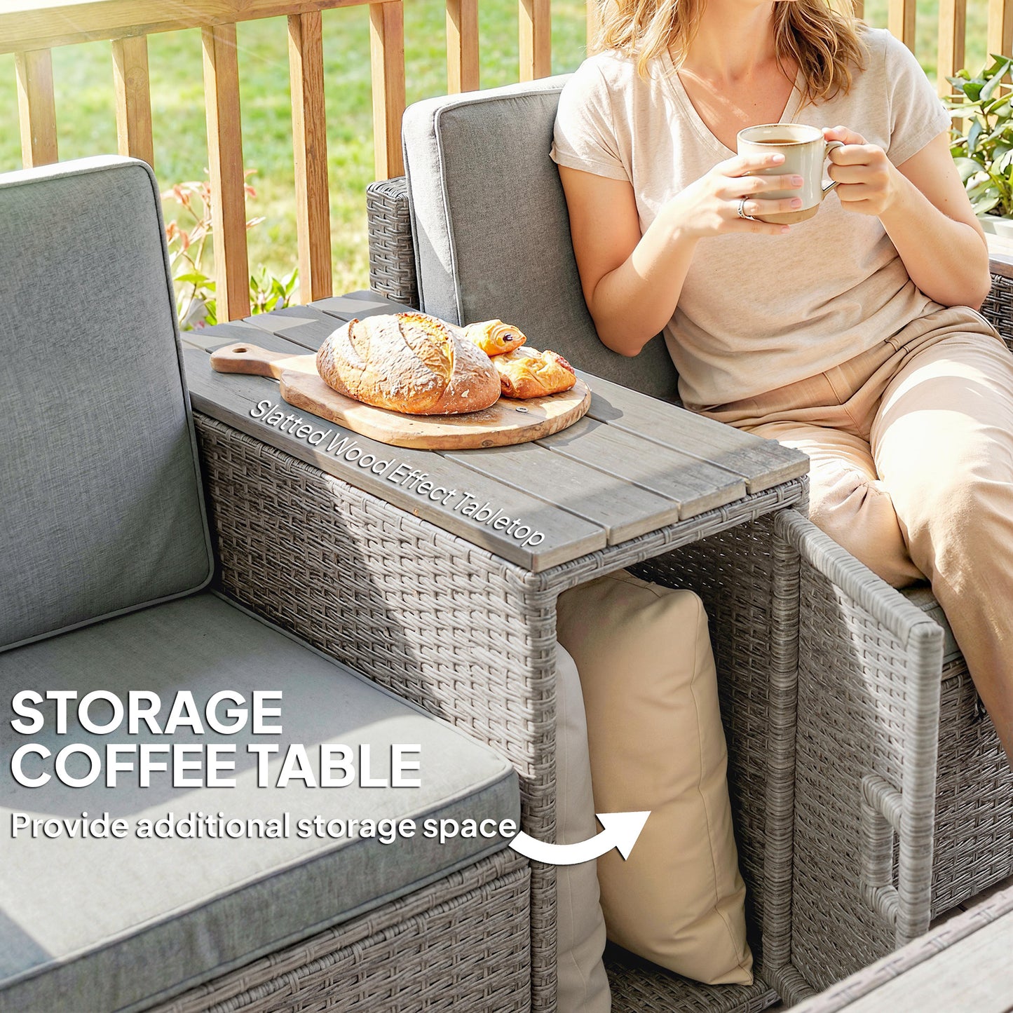 5 Piece Rattan Garden Furniture Set with Storage Table, Footstools, Cushions, Dark Grey