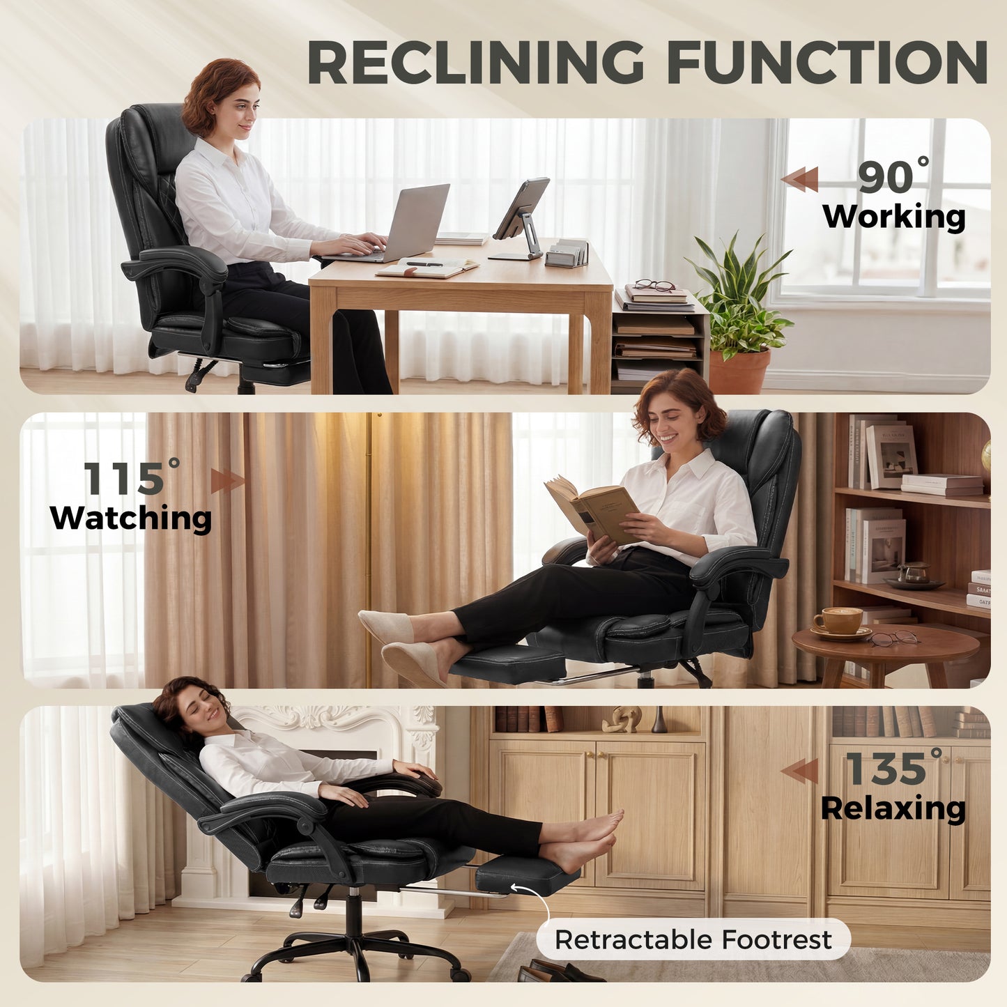 Executive Home Office Chair Reclining Function Footrest Computer Desk Chair High Back, Black