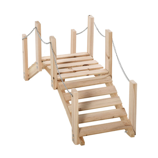 Small Fir Wooden Garden Bridge, Arch Walkway with Metal Chain Railings for Landscape Creek Pond, Natural Wood