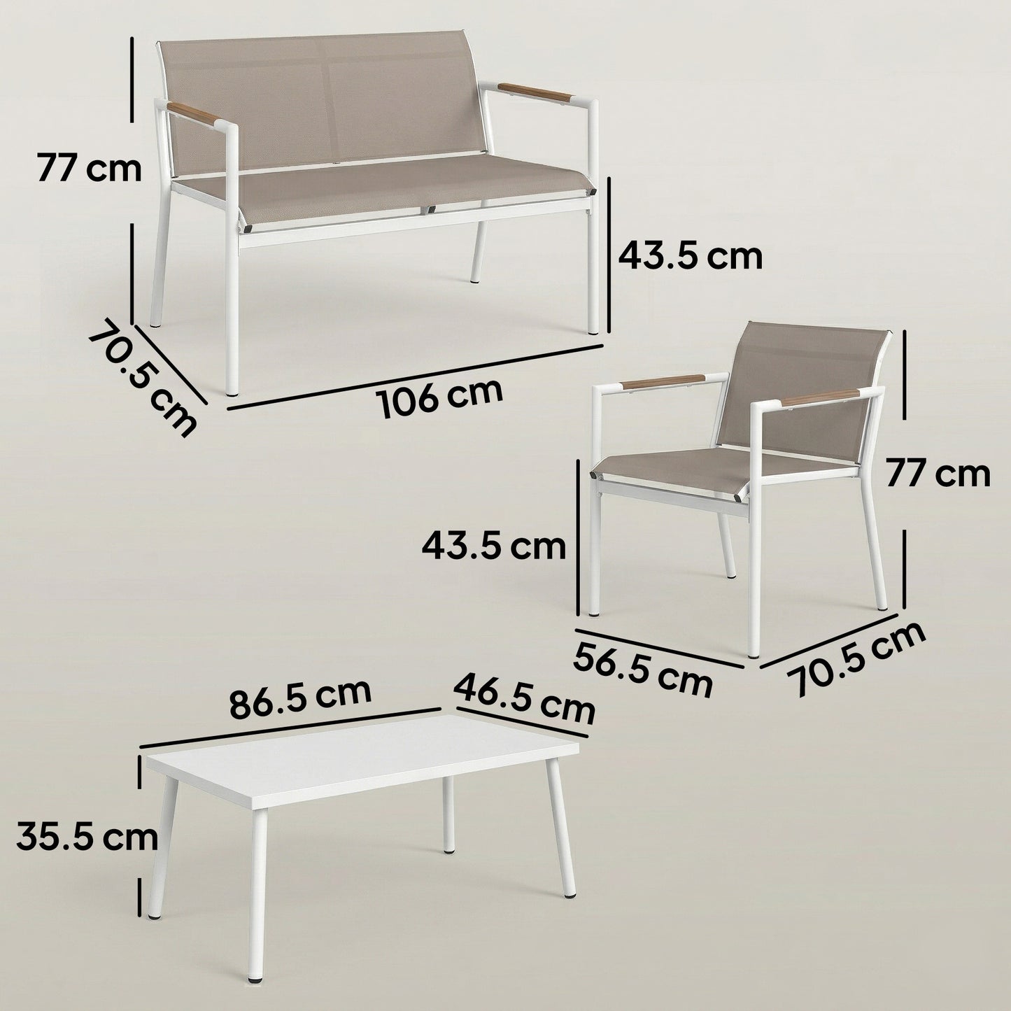 4 Seater Garden Furniture Set with Loveseat, Armchairs, Table, Metal Garden Sofa Set with Breathable Seats, Khaki