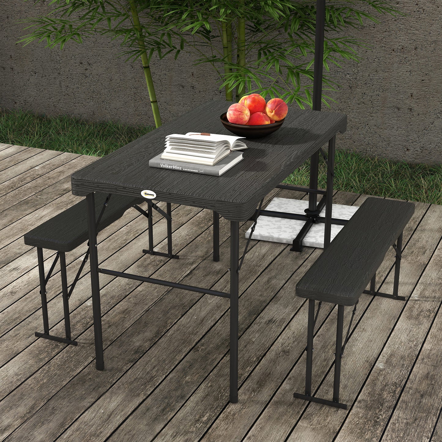 Folding Picnic Table with 2 Benches, 3-Piece Portable Garden Furniture Set for 4, Dining Table Set with Plastic Top