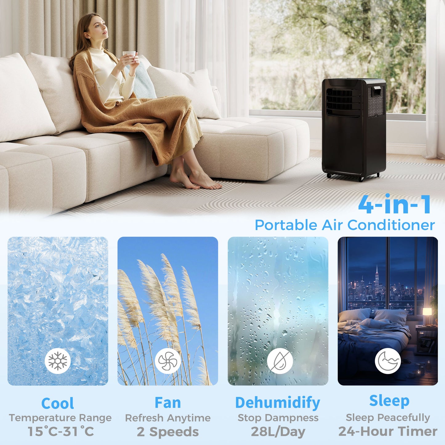 Air Conditioning Unit 10000 BTU, 4-in-1 Portable Air Conditioner with Remote Control, LED Display, 2 Speeds, Black