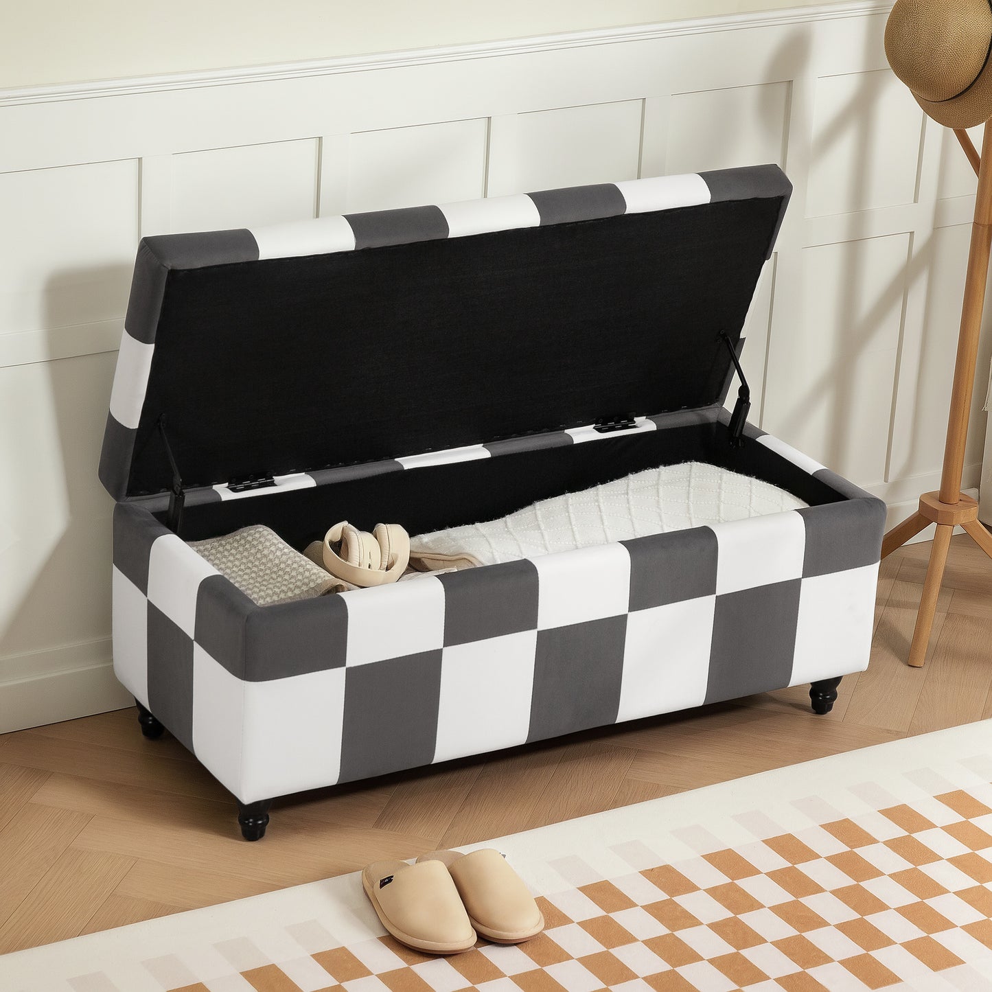 Storage Ottoman, Storage Bench with Wood Legs, Footstool, Footrest with Velvet Surface for Bedroom, Hallway, Living Room