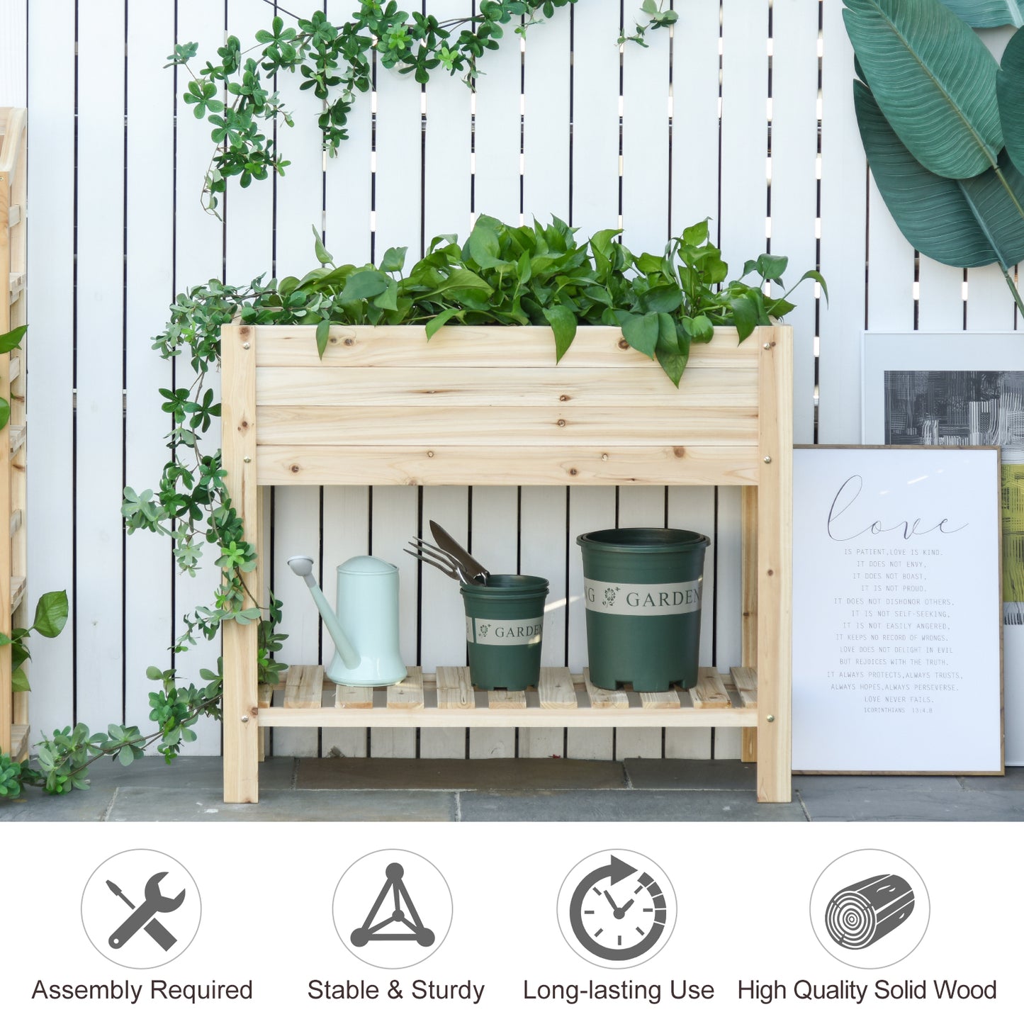 Wooden Raised Plant Stand Outdoor Flower Bed Box with Clapboard 100 x 40 x 84cm