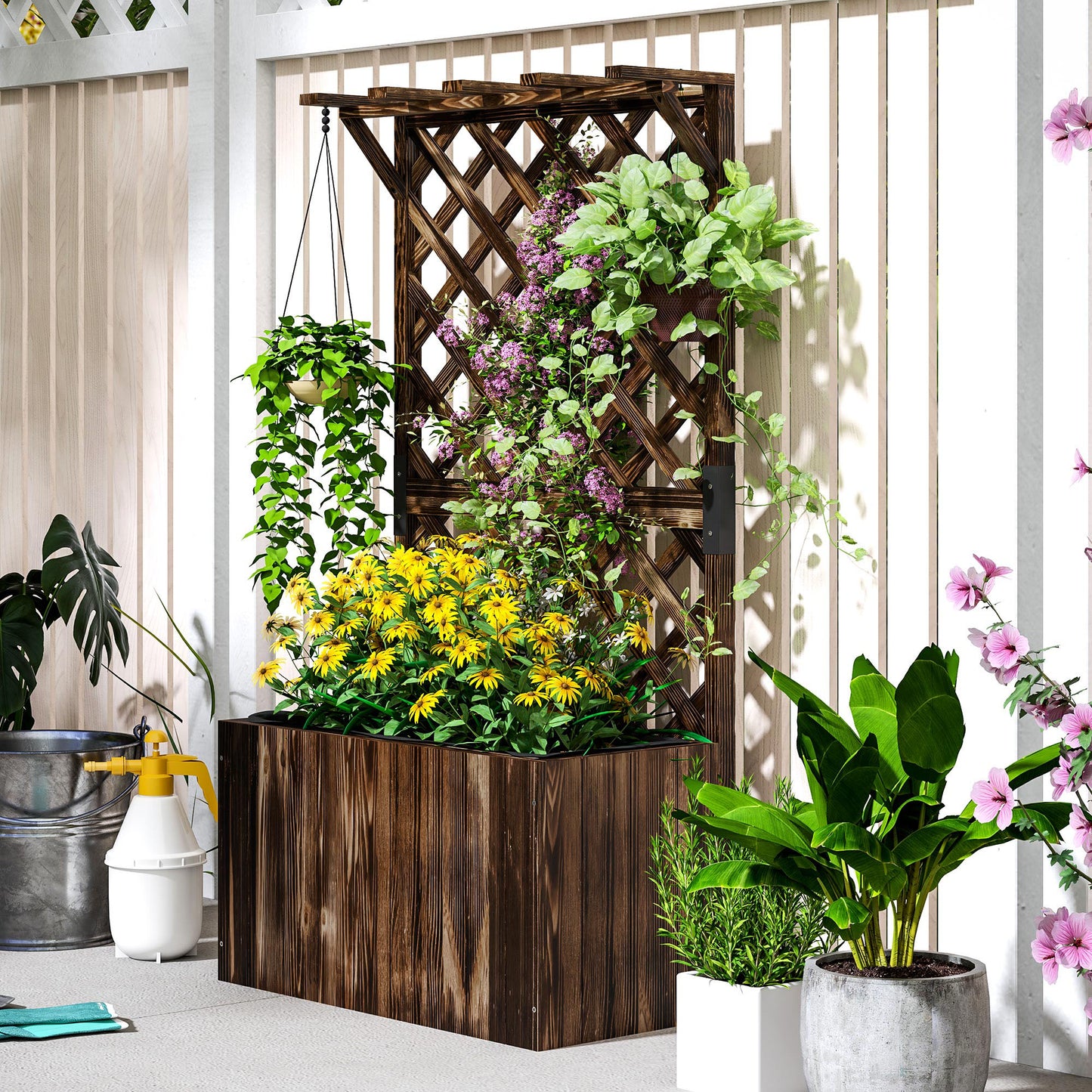 Wooden Planter with Trellis, Freestanding Raised Garden Bed with Drainage Holes