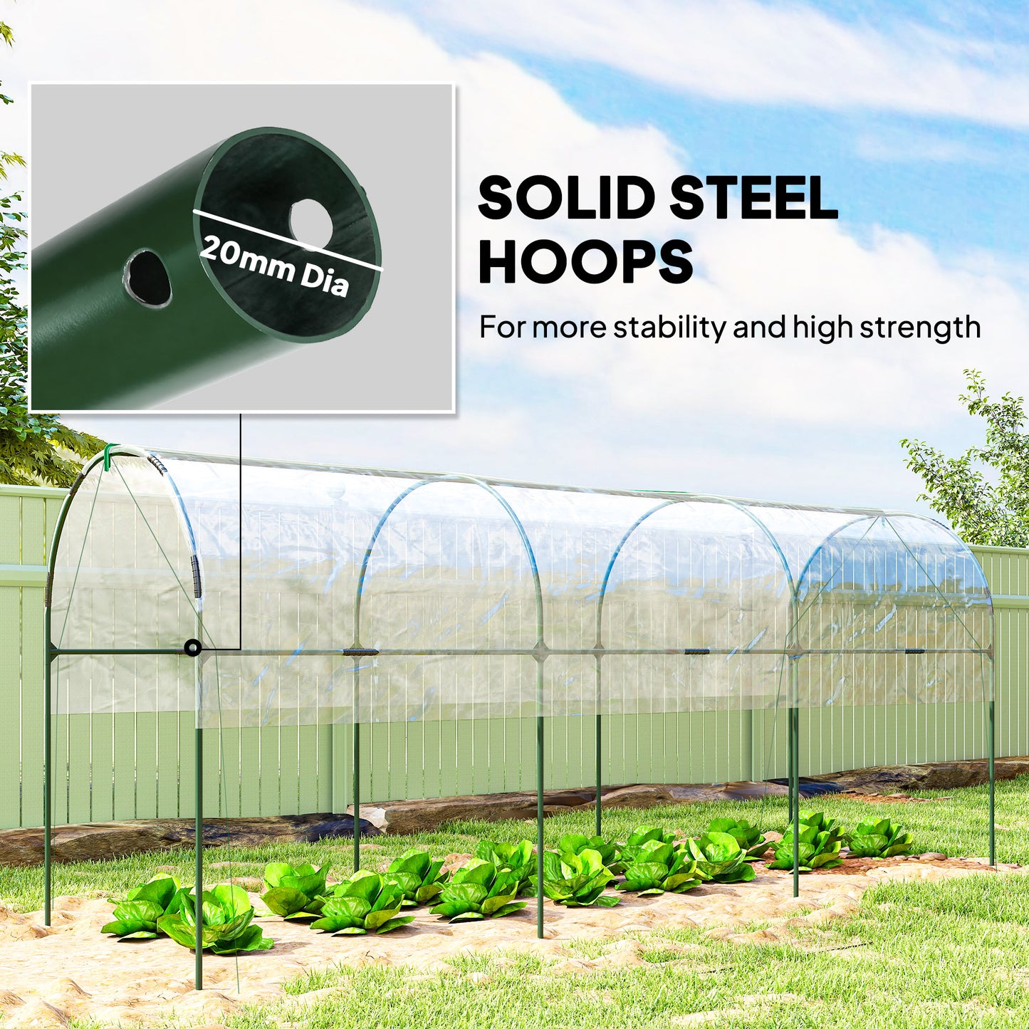 Tunnel Tomato Greenhouse with 4 Hoops and Top Tap, Pointed Bottom and Guy Ropes, 400 x 123 x 171 cm, Clear