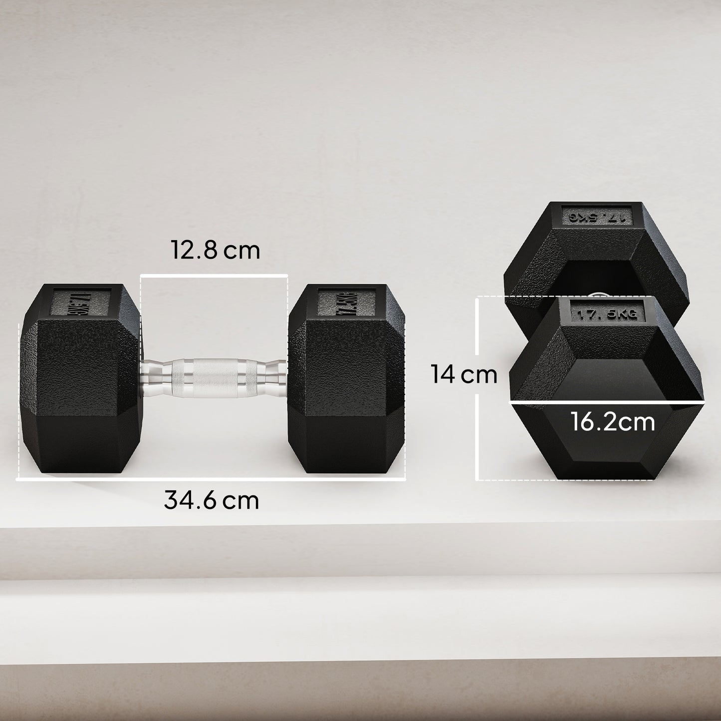 2x17.5KG Rubber Hex Dumbbell Portable Hand Weights Dumbbell Home Gym