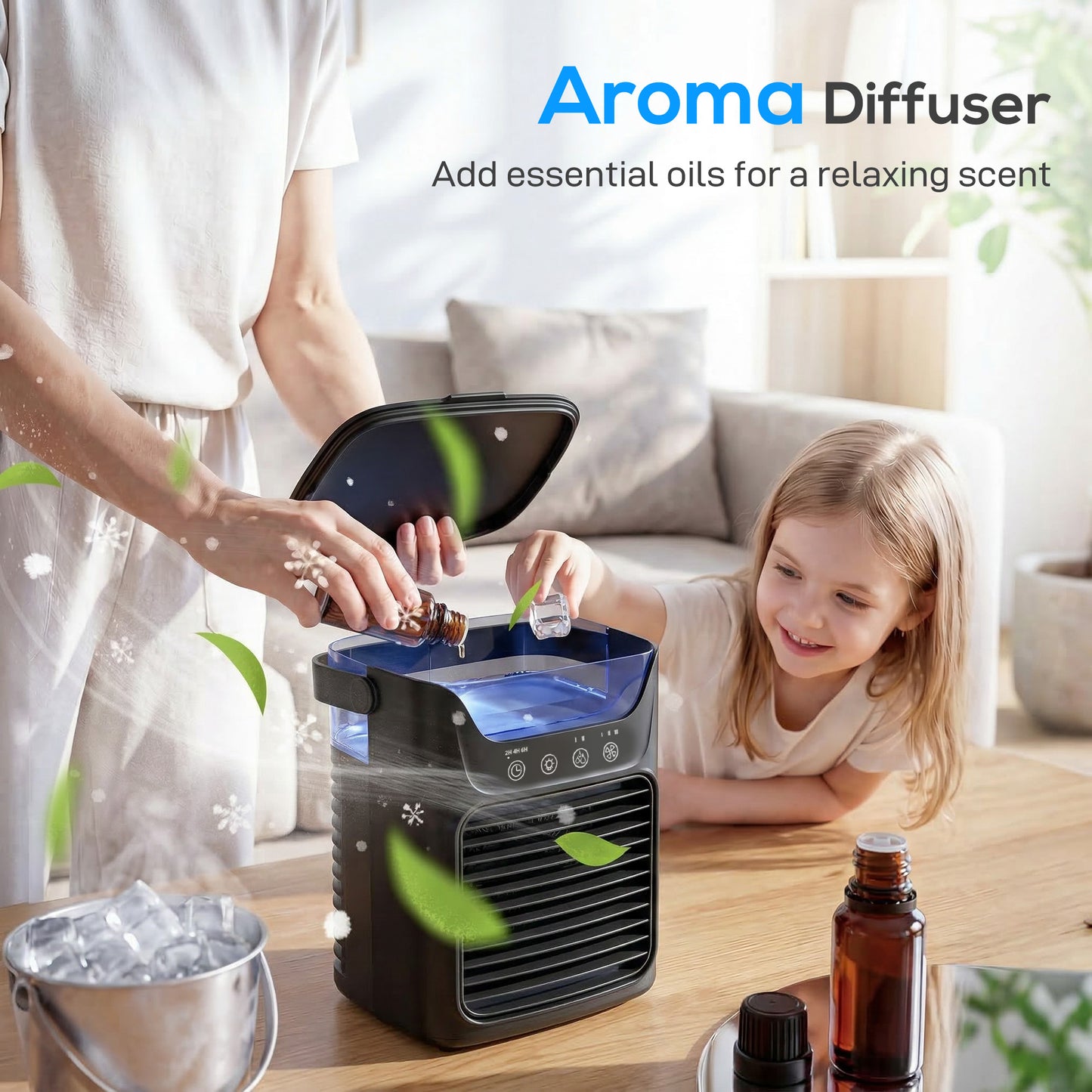 Air Cooler with Adjustable Head, Portable Air Conditioner with 3 Wind Speed, 2 Cool Mist, RGB Light, Black