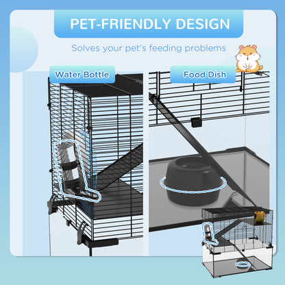 3 Tiers Hamster Cage, Gerbil Cage with Deep Glass Bottom, Non-Slip Ramps, Platforms, Hut, Exercise Wheels, Water Bottle