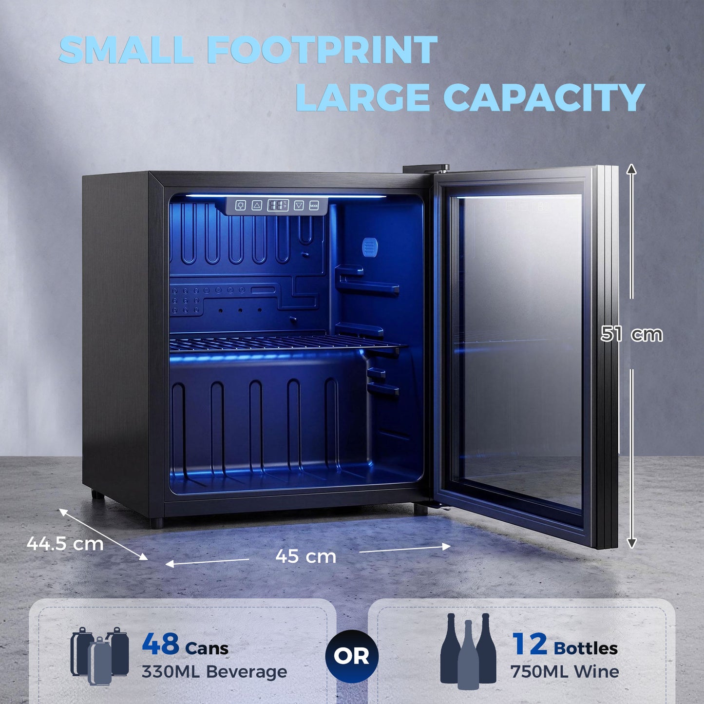 50L Drinks Fridge, 48 Can Under Counter Freestanding Beer Fridge with LED Light