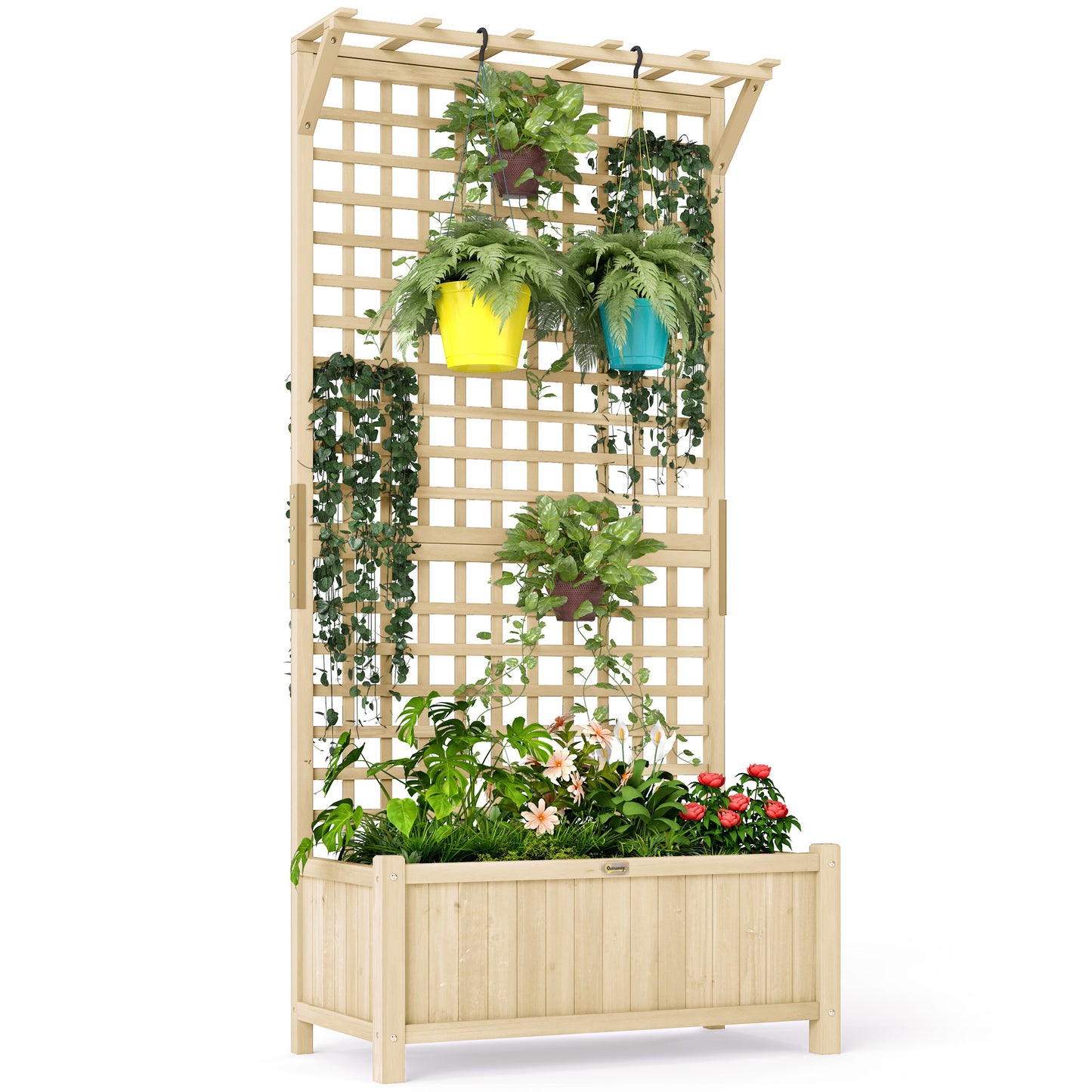 Raised Bed & Privacy Screen with Drainage Holes, Wood Planter with Trellis for Climbing Plants to Grow Vegetables, Flowers