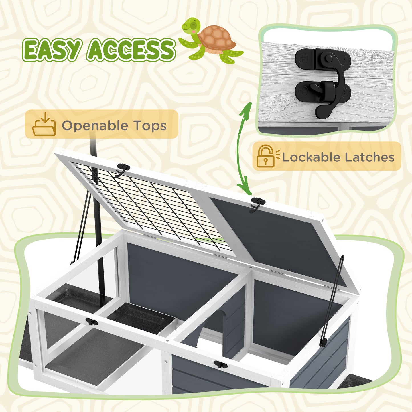 Tortoise Table with Adjustable Lamp Holder, Wooden Tortoise House w/ Openable Lids, Pull-Out Trays - Grey