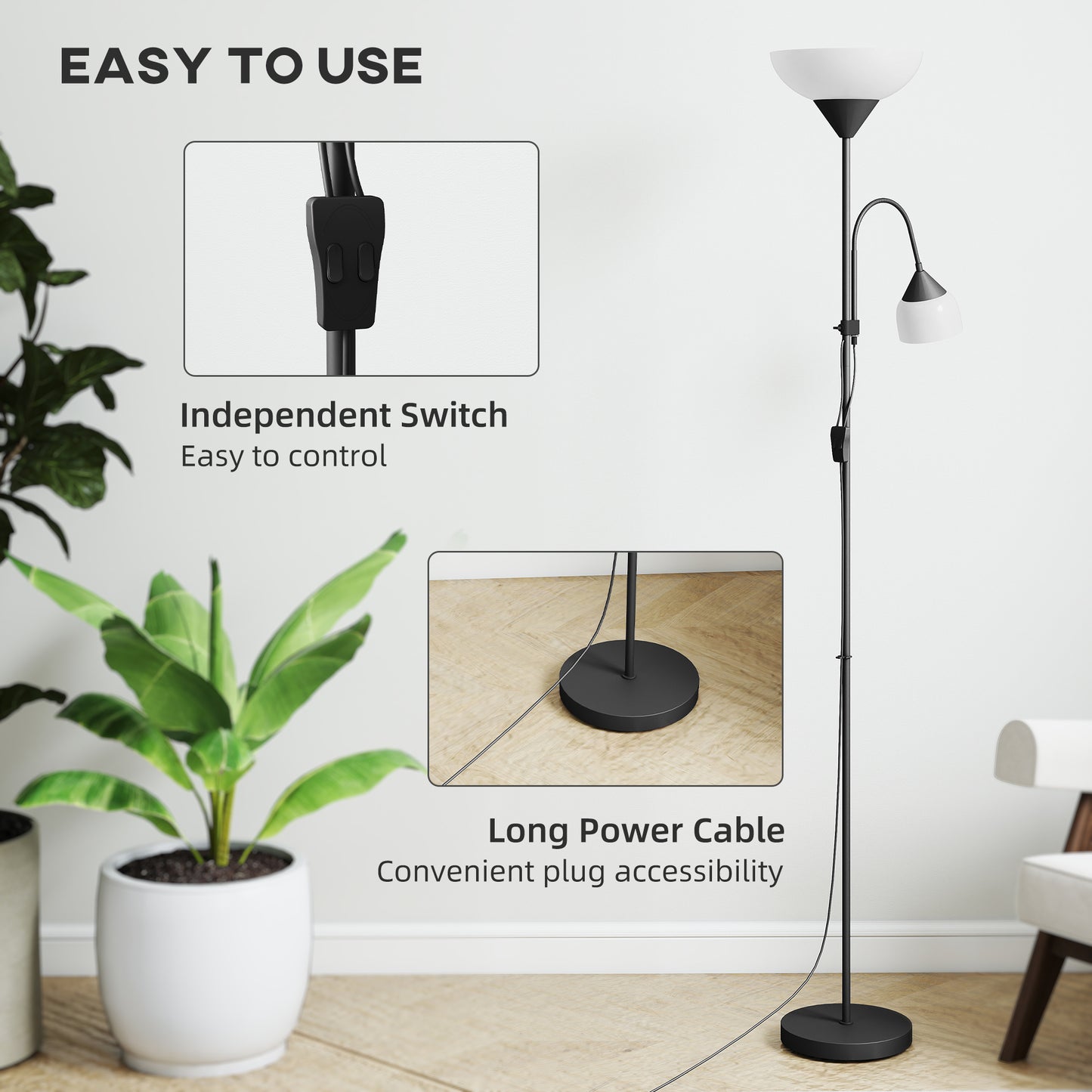 LED Floor Lamp for Living Room, 180cm Tall Standing Lamp, Mother and Child Uplighter with Adjustable Gooseneck, Black