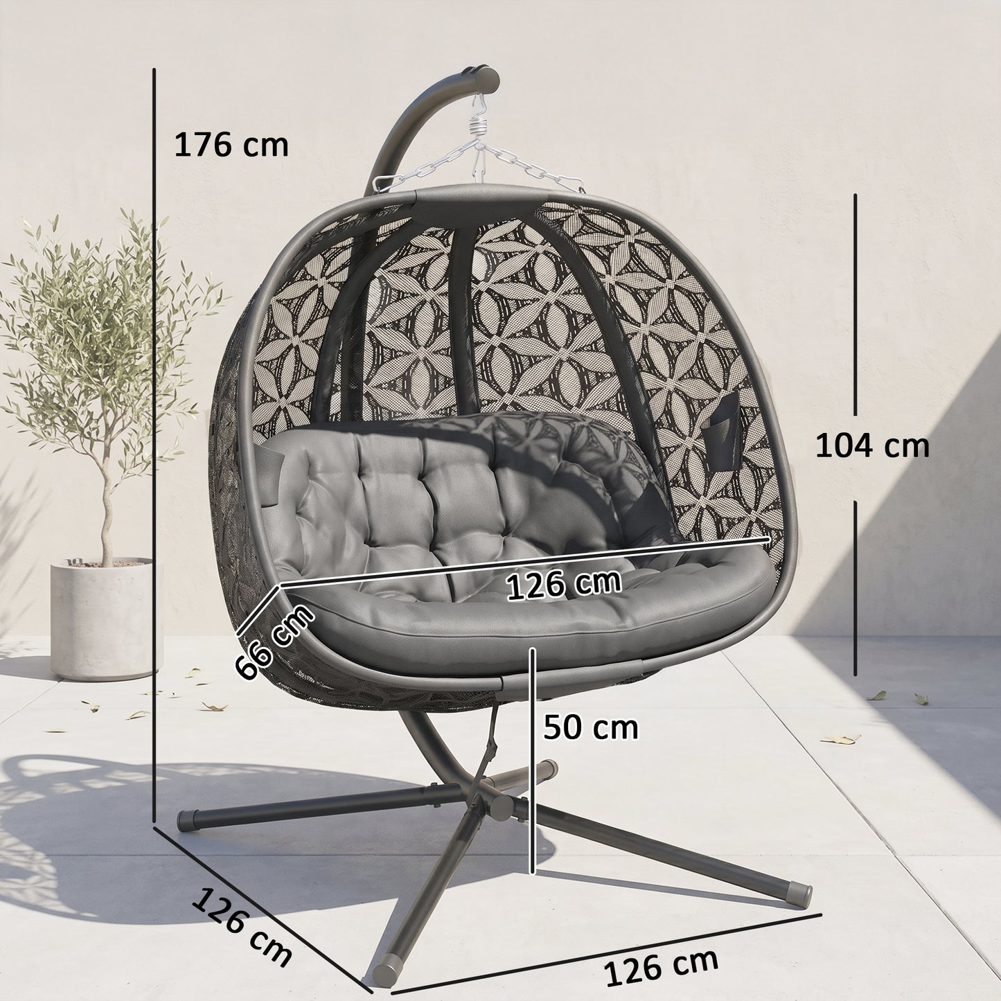 Outdoor Double Hanging Chair with Cushion and Cup Holders, Charcoal Grey