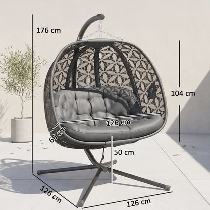 Outdoor Double Hanging Chair with Cushion and Cup Holders, Charcoal Grey