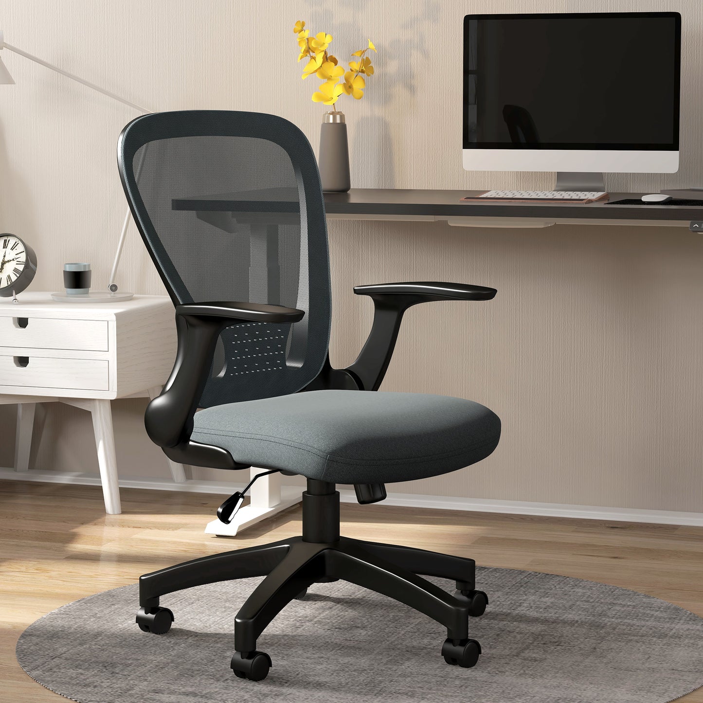 Ergonomic Office Chair, Mesh Desk Chair with Flip-up Armrest, Lumbar Back Support, Swivel Wheels, Grey