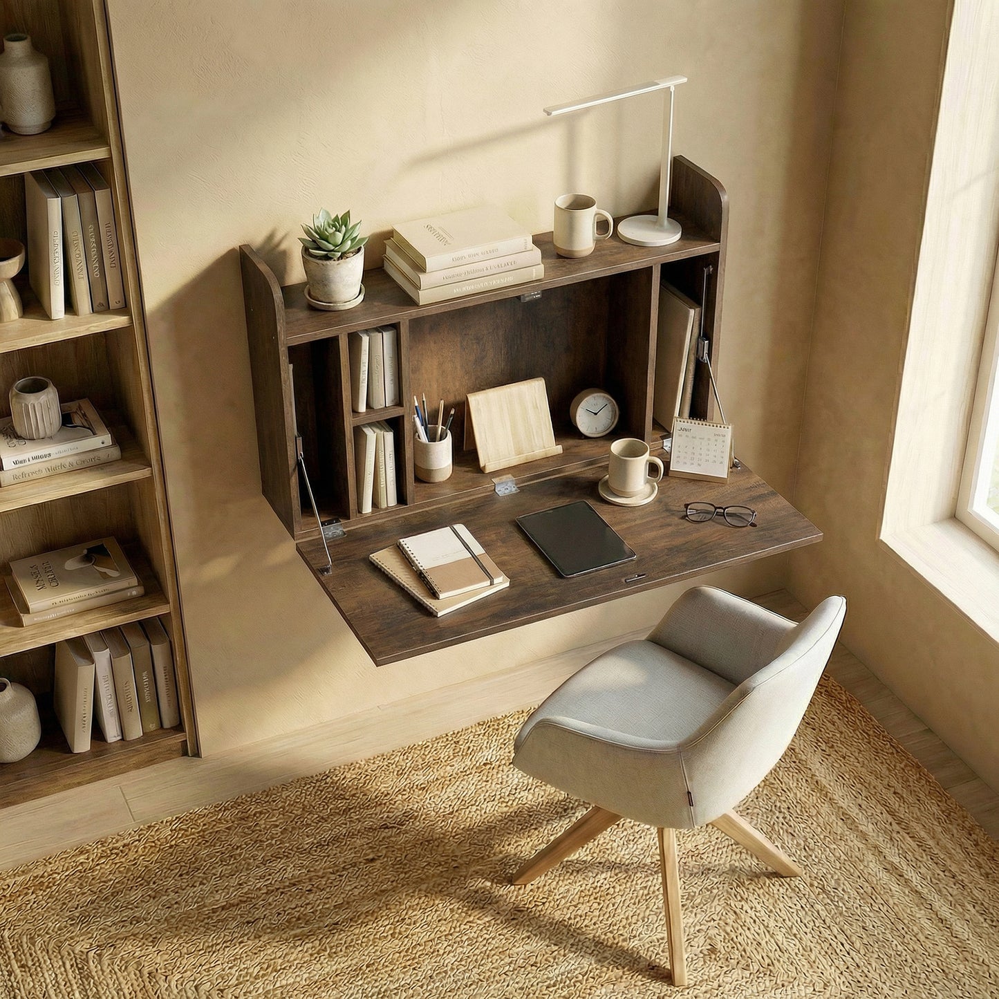 Wall Mounted Desk, Drop Leaf Floating Laptop Desk with Space Saving Storage Compartments for Home Office, Dark Brown