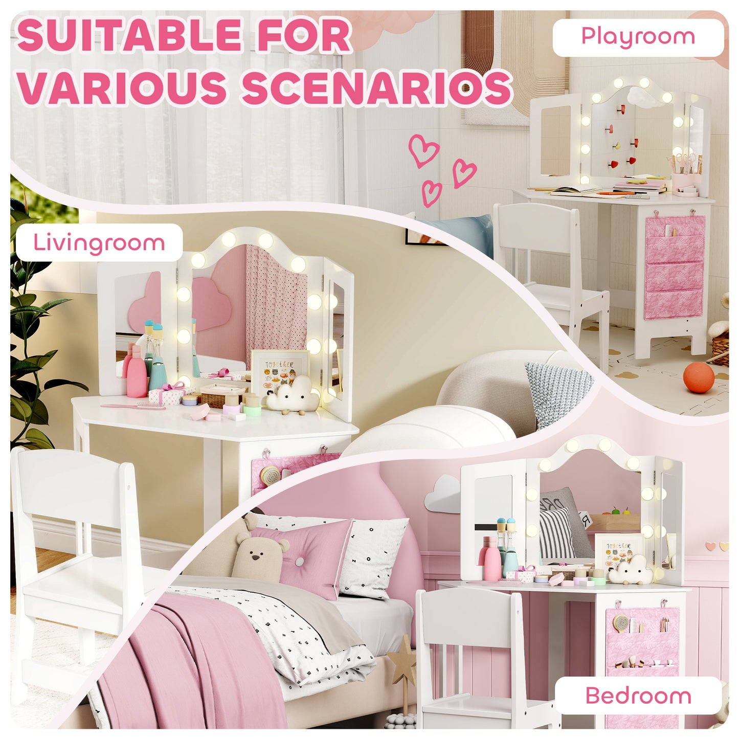 Kids Dressing Table and Stool Set, Girls Vanity Table with 2-Colour LED Lights, Tri-Folding Mirror, White