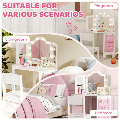 Kids Dressing Table and Stool Set, Girls Vanity Table with 2-Colour LED Lights, Tri-Folding Mirror, White