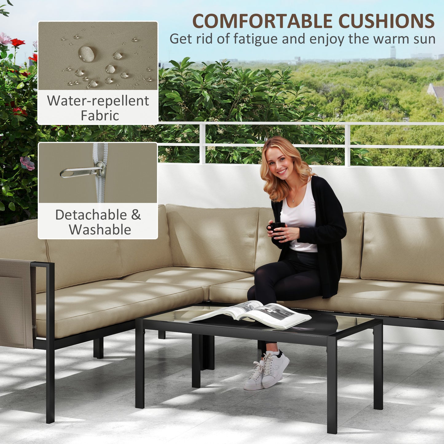 5 Seater Garden Corner Sofa Set, 4 Pieces Metal Garden Furniture Set with Loveseats, Glass Top Coffee Table
