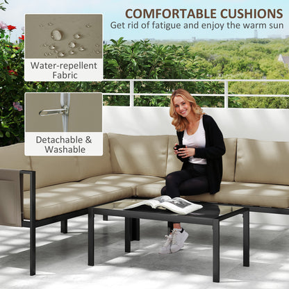 5 Seater Garden Corner Sofa Set, 4 Pieces Metal Garden Furniture Set with Loveseats, Glass Top Coffee Table