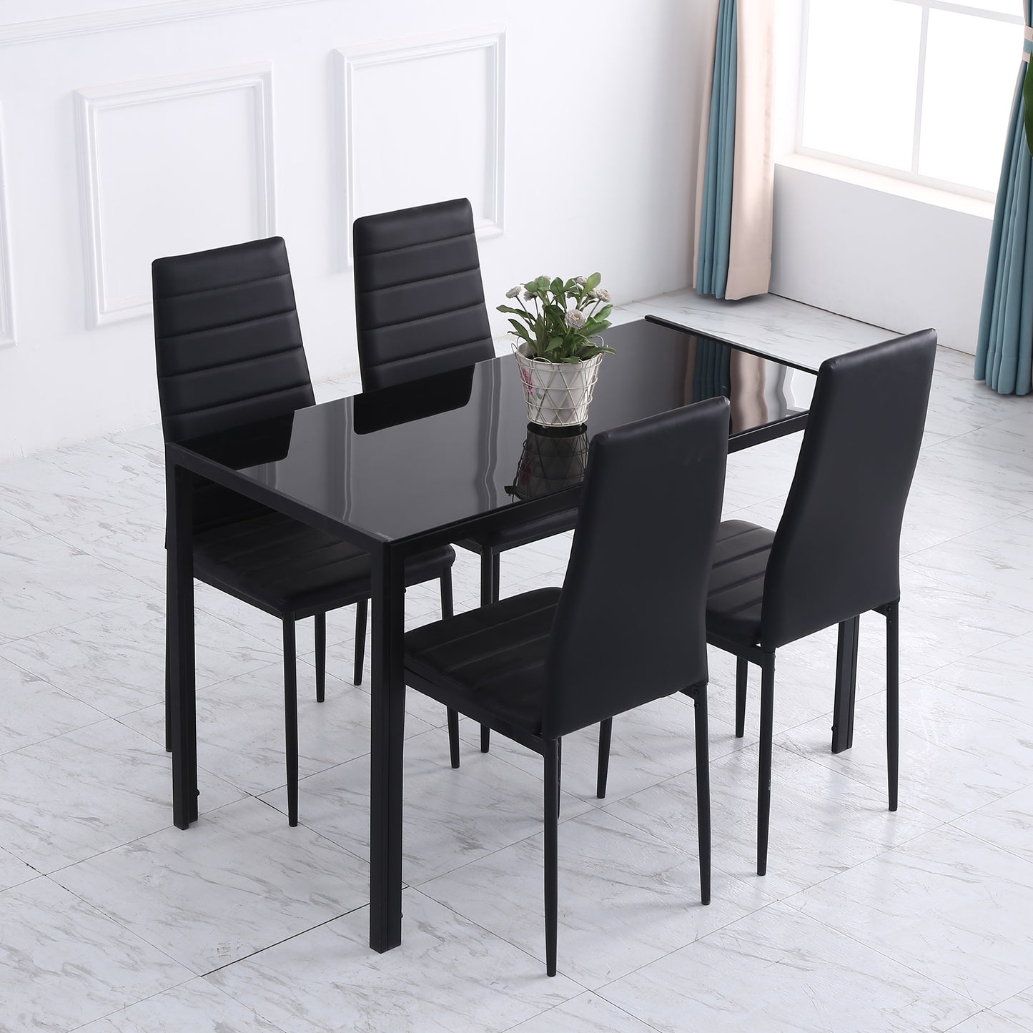 120cm Dining Table, Rectangle 4 Seater Kitchen Table with Tempered Glass Top and Metal Legs for Dining Room