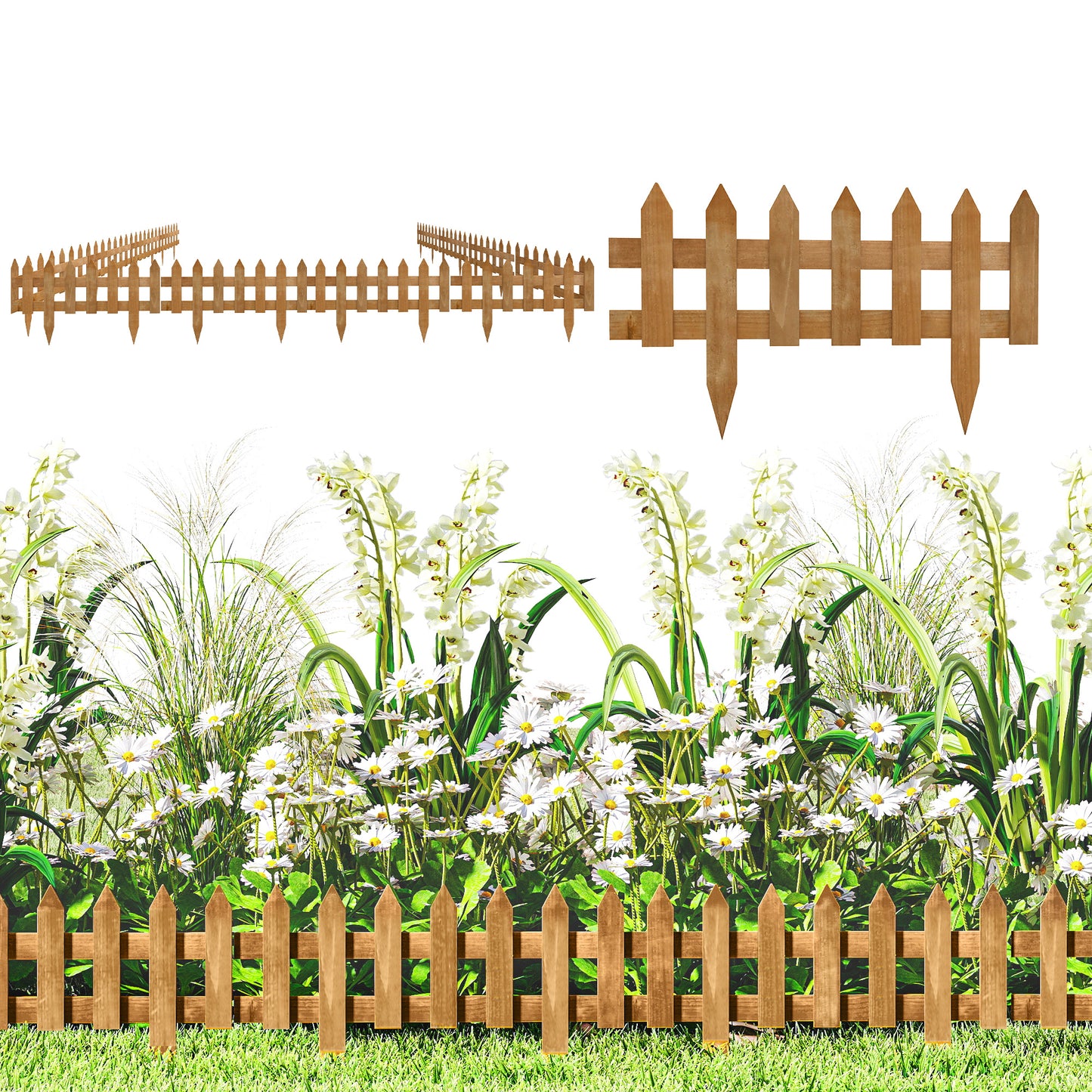 Pack of 12 Wooden Border Fences, Garden Fixed Picket Fence for Lawn Edging, Flowerbed, 60L x 1D x 34H cm, Brown