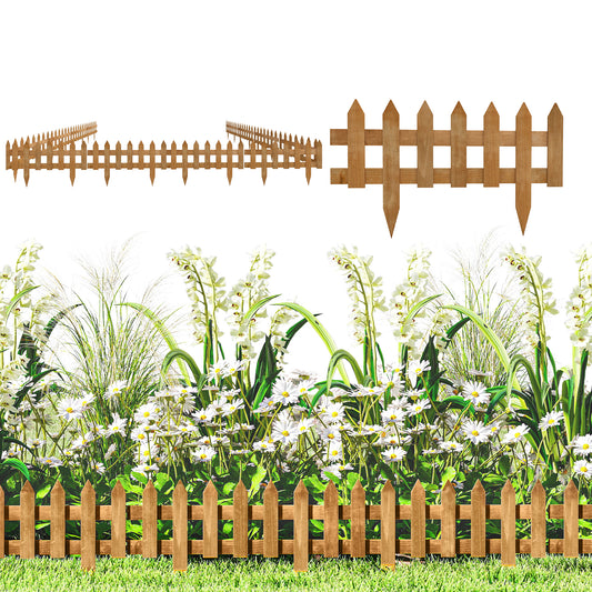 Pack of 12 Wooden Border Fences, Garden Fixed Picket Fence for Lawn Edging, Flowerbed, 60L x 1D x 34H cm, Brown