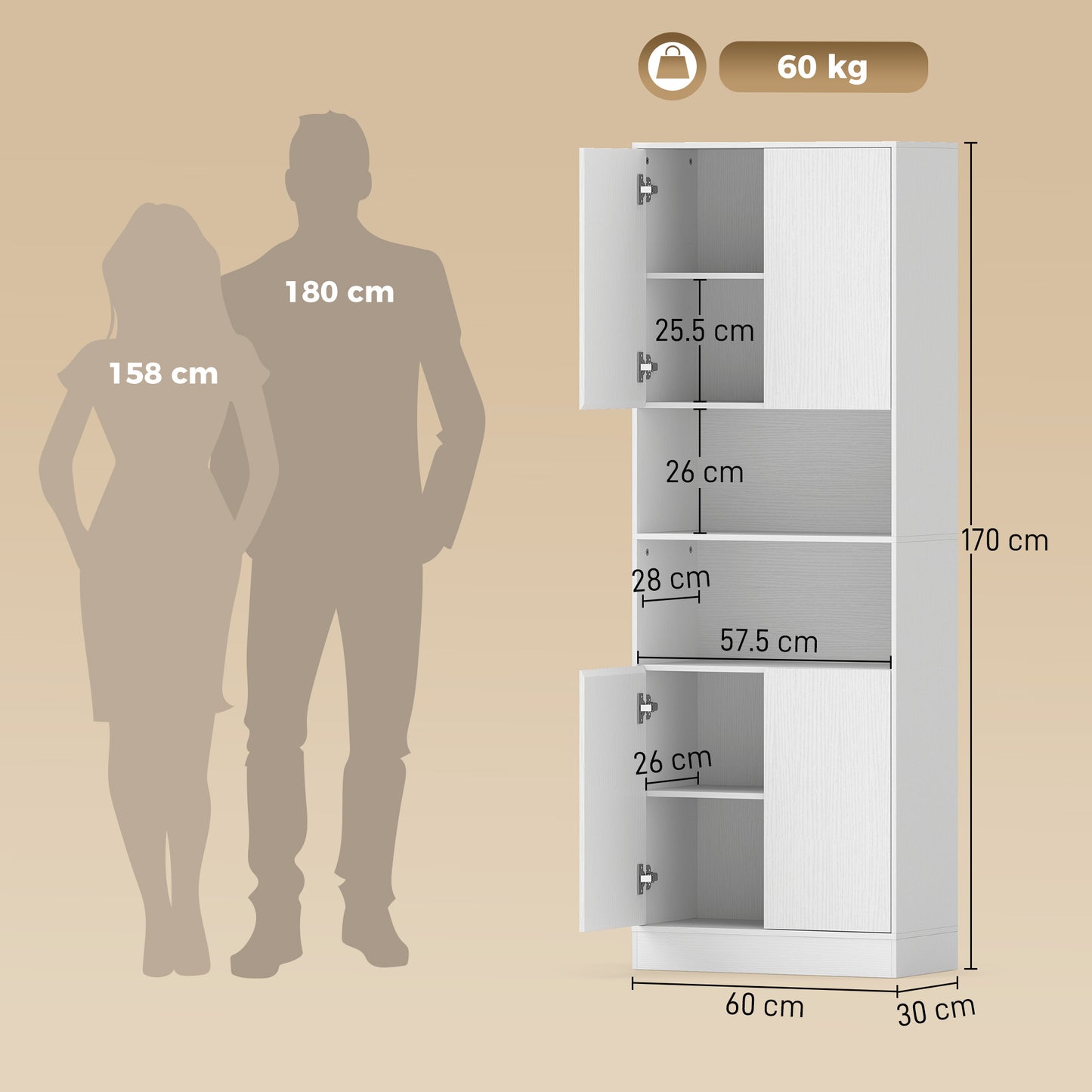 170 cm Kitchen Pantry Cabinet, Freestanding Storage Cabinet with Soft-Close Hinges, White Wood Effect