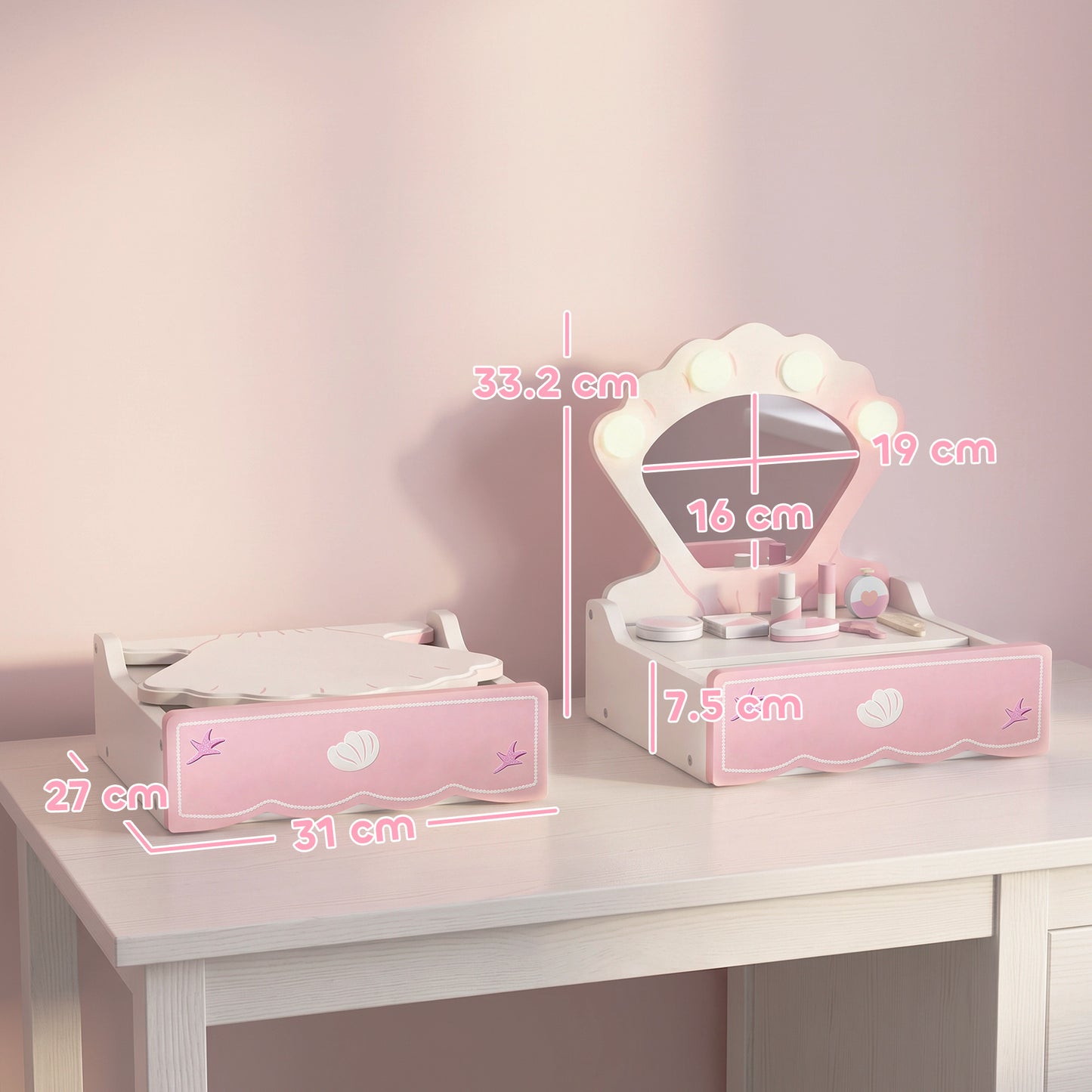 Kids Vanity Table, Portable Dressing Table with Lights, Mirror, Drawer, Accessories, Gift for 3-6 Years