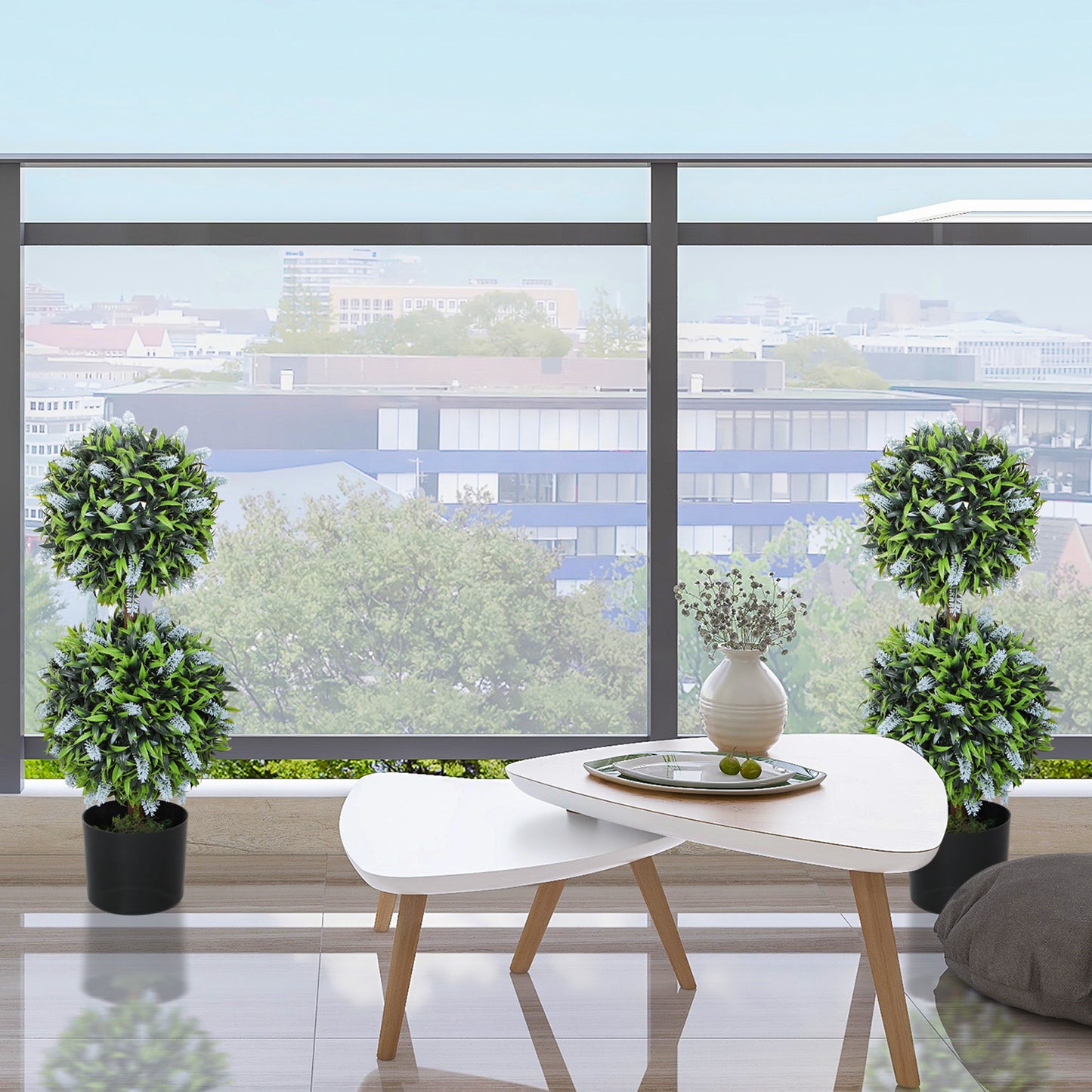 Set of 2 Artificial Plants, Lavender Flowers Ball Trees with Pot, for Home Indoor Outdoor Decor, 70cm
