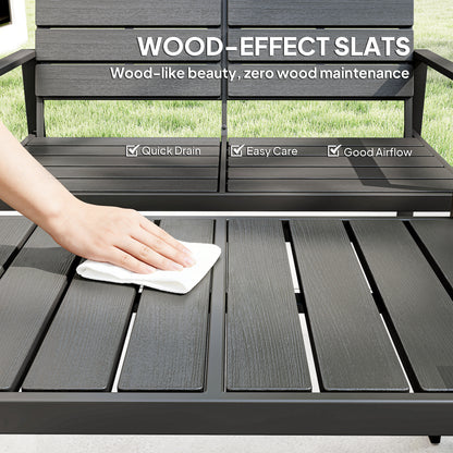 4 Piece Garden Furniture Set, Outdoor Sofa Set with HDPE Slatted Loveseat Armchairs Coffee Table Metal Frame, Dark Grey