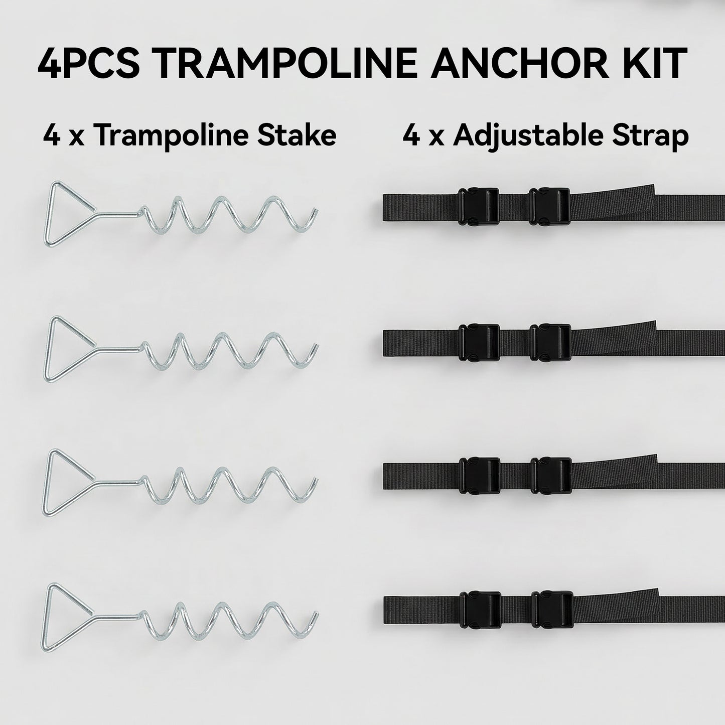 4Pcs Trampoline Anchor Kit, 32 cm Galvanised Trampoline Stakes, Spiral Ground Anchors with Triangle Head, Straps