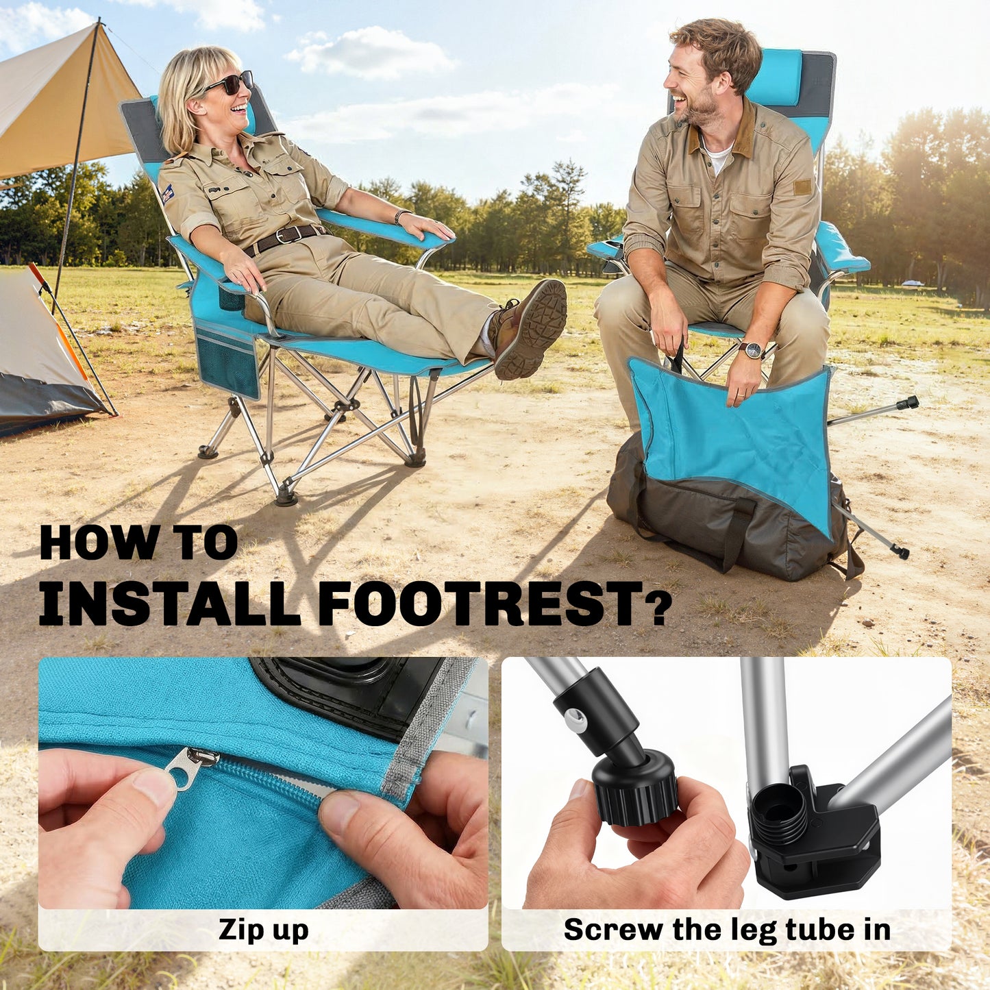 Set of 2 Reclining Folding Camping Chair w/ Detachable Footrest, Storage Bag, Cup Holder & Headrest, Blue and Grey