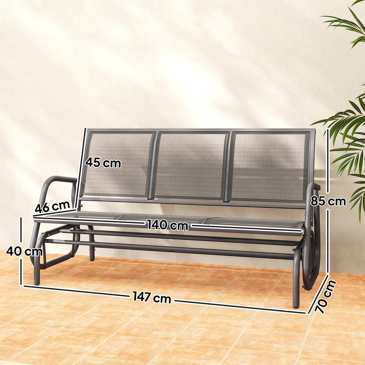 3-Seat Glider Rocking Chair for 3 People Garden Bench Patio Furniture Metal Frame, Grey